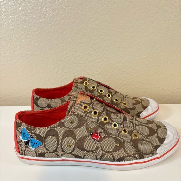 Coach Kelly Brown/Orange Logo Slip In Sneakers Butterfly Ladybug Embellishment 9 - Picture 1 of 11